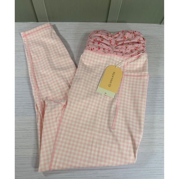 Blogilates Pants - Blogilates Pink Gingham Ruched Waist Leggings Floral High Rise Pockets 2X NEW